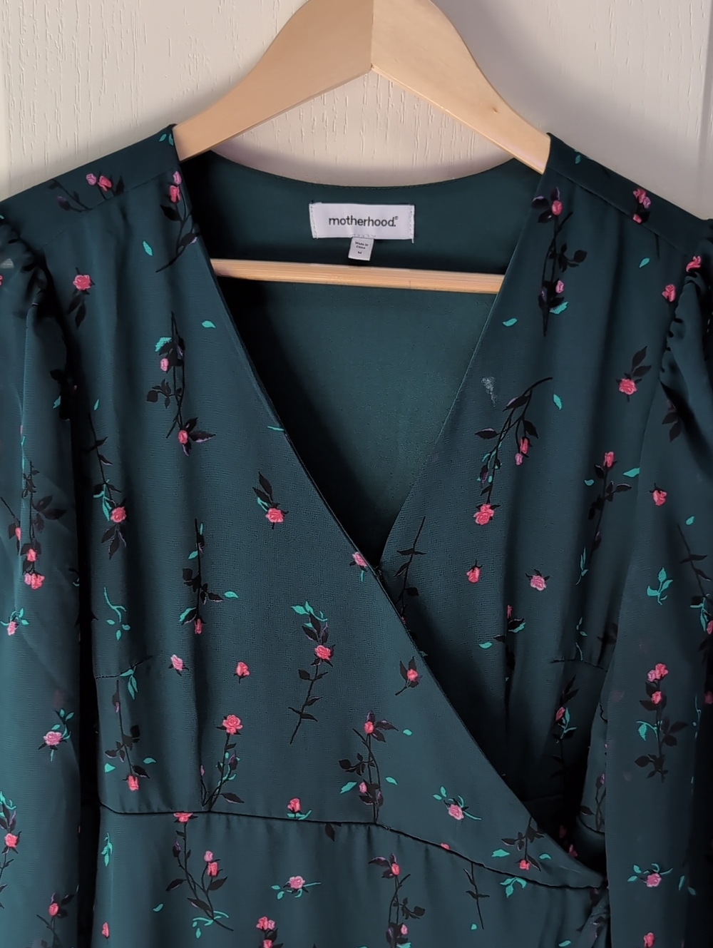 Motherhood Dark Green Floral Wrap Midi Dress with Pink Flowers